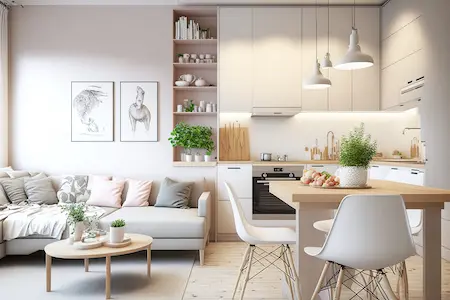 Sofa Küche Kombination Grau & Weiß mit Holz Akzenten und vielen Kissen